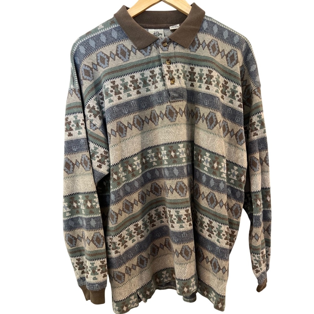 417 Van Heusen Long Sleeve Polo Men XL Multi Geometric Southwestern Vintage EUC